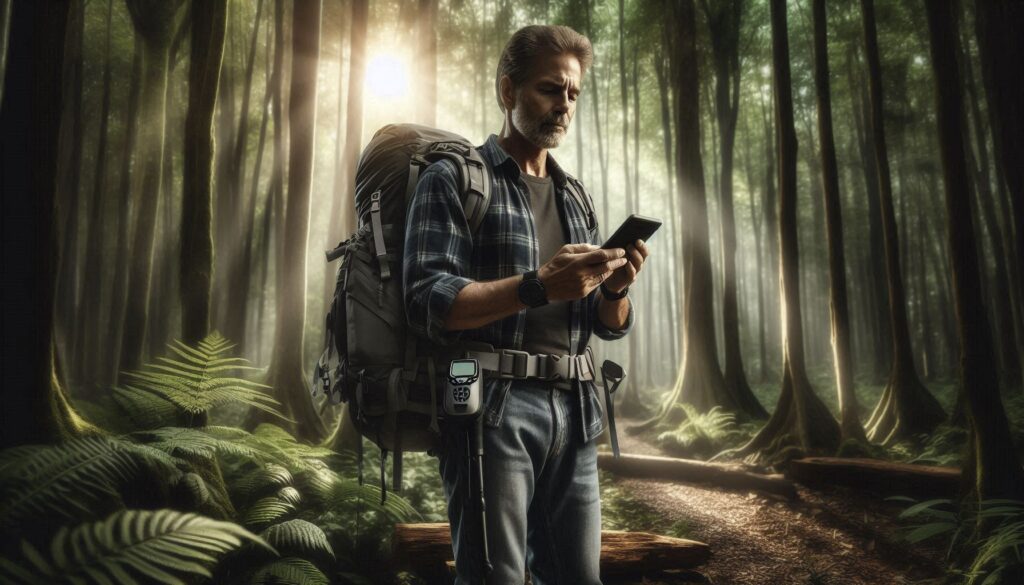 Man Using GPS to Find His Way Around in a Forest