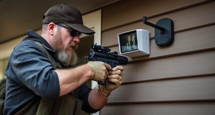 Survivalist Putting up Security Systems of a Home Defense System