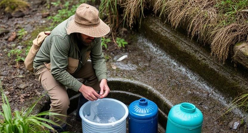 Survivalist Engaging in Rainwater Collection