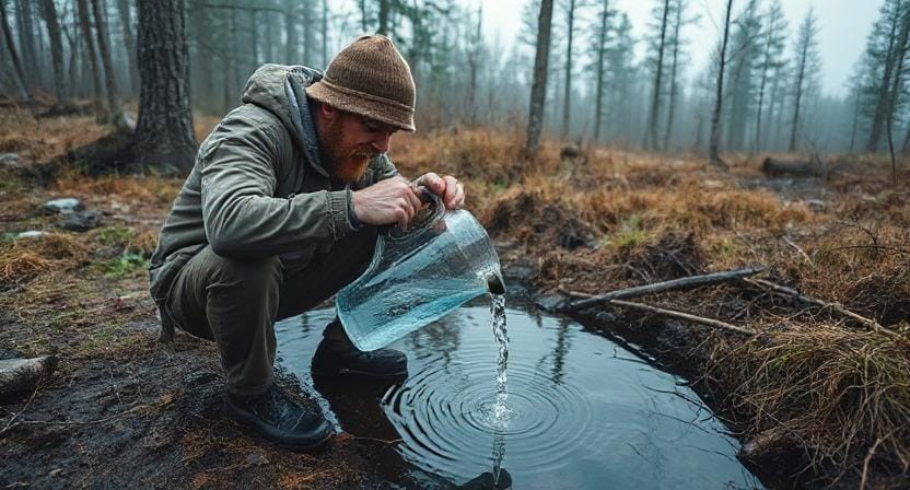 Survivalist Purifying Water in the Wilderness After an Apocalypse
