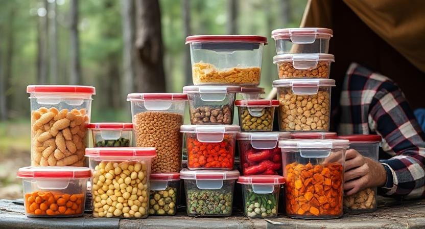 Survivalist Using a Variety of Sizes of Food Storage Containers
