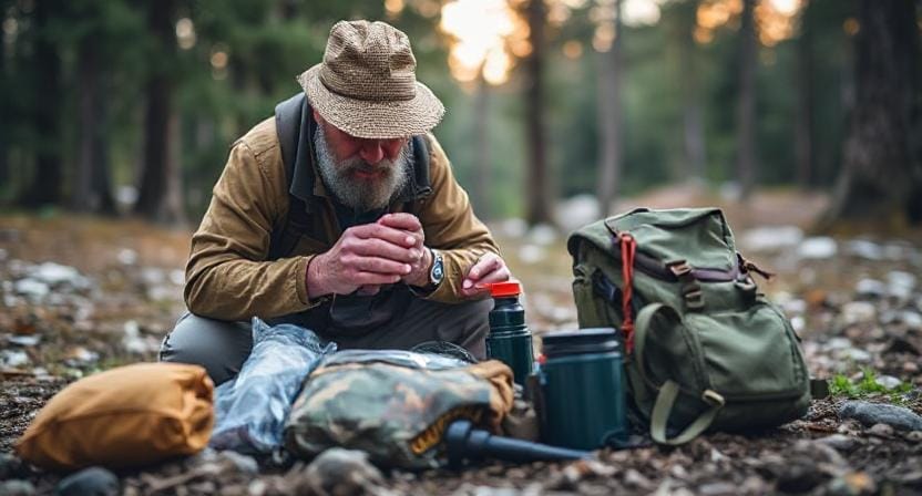 Survivalist Choosing Personal Items for a Bug-Out Bag