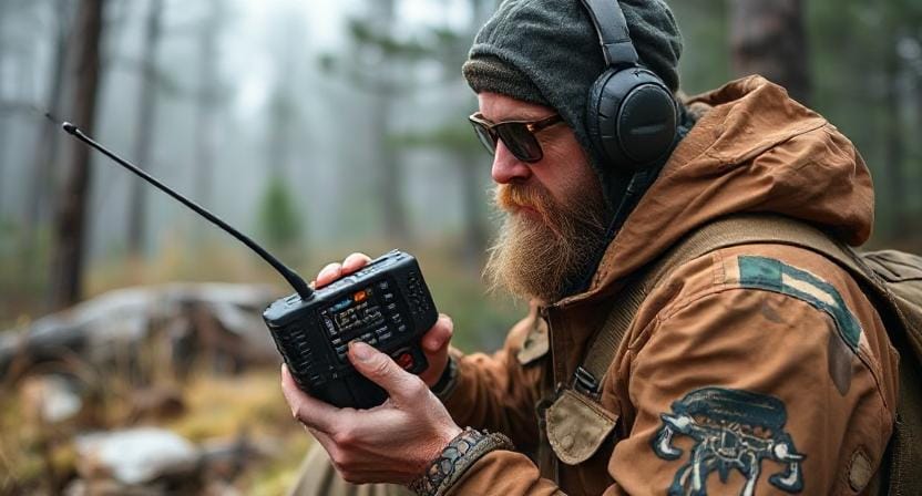 Survivalist Having Fun Using a Ham Radio