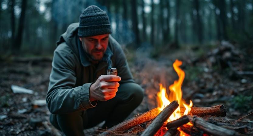 Survivalist Using a Lighter to Start a Fire