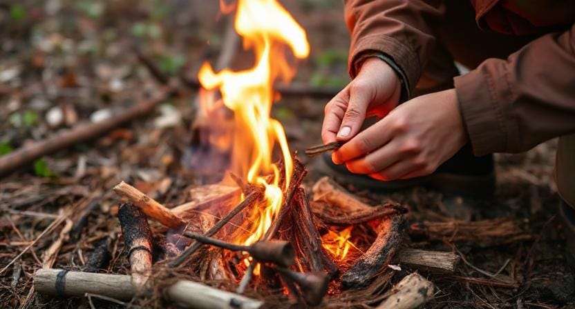 Survivalist Gathering Tinder Materials to Start a Fire