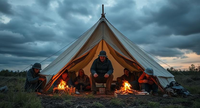 Survivalist with a Large Group of People in a Tent
