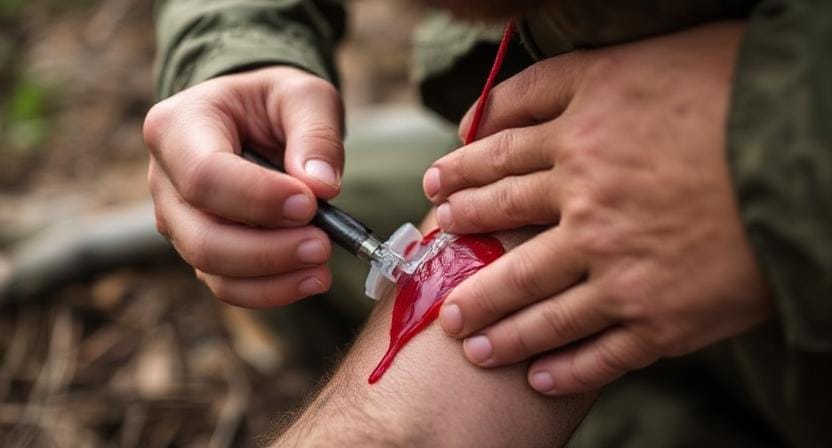 Survivalist Stopping Bleeding from a Wound