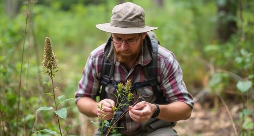 Survivalist Identifying Plants in the Wilderness