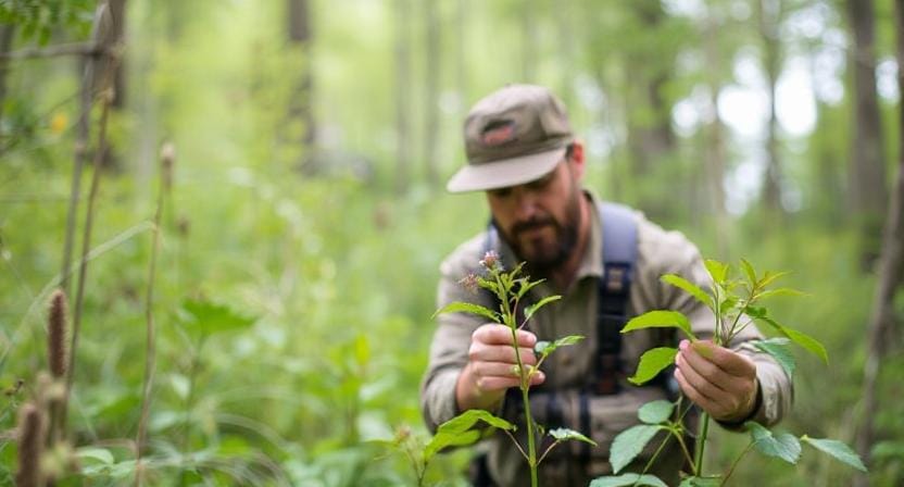 Survivalist Identifying Edible Plants in the Wilderness