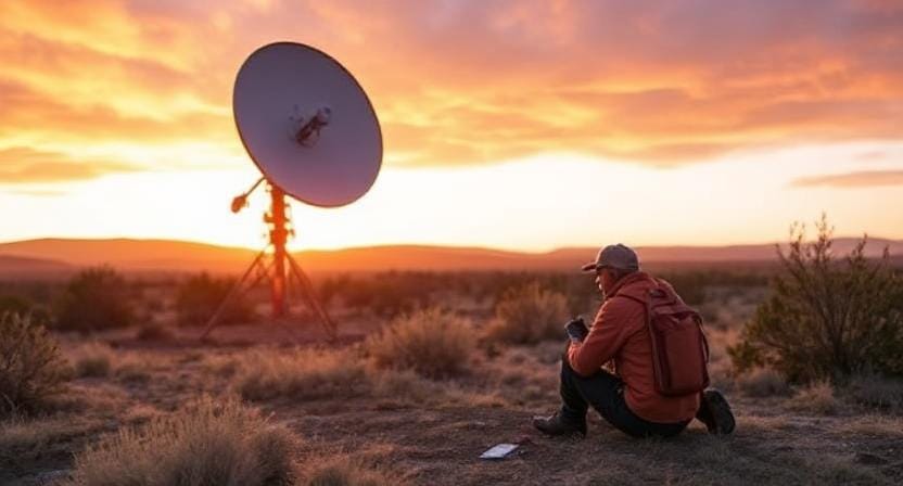 Survivalist Setting Up a Satellite Phone