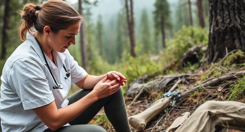 Survivalist Nurse Treating Sprains and Strains in the Wilderness