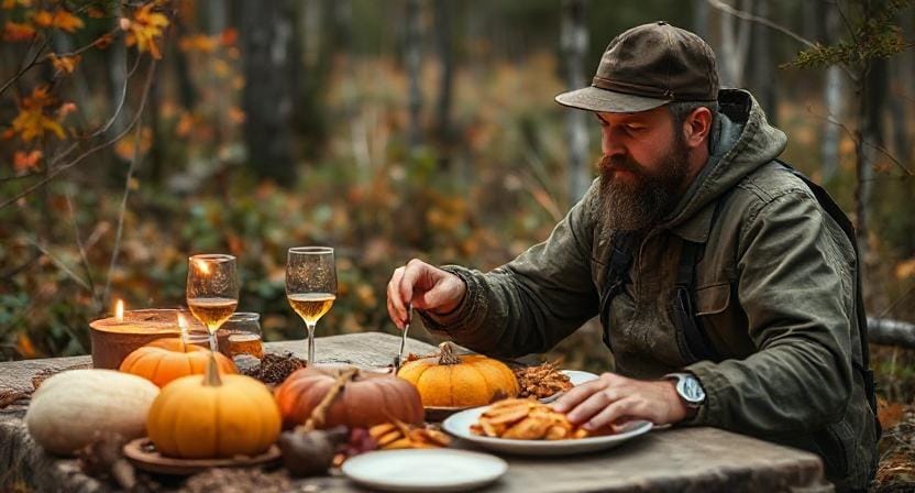 Survivalist Having Thanksgiving Dinner in the Wild