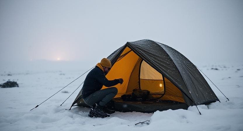Survivalist Putting up a Tent in a Snow Storm