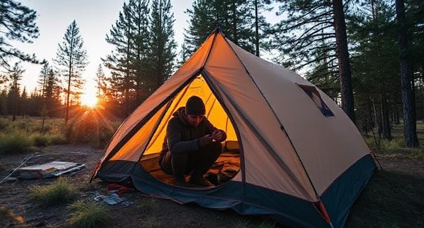 Survivalist Erecting a Crazy Tent