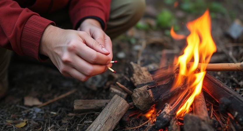 Survivalist Using Matches to Start a Fire