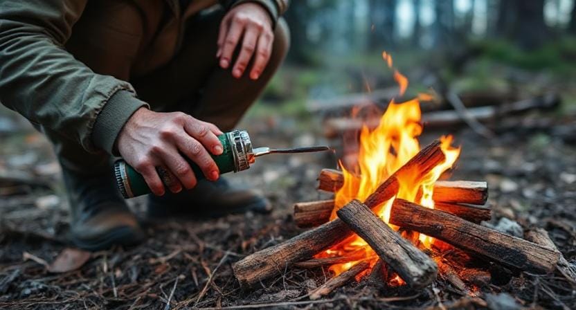 Survivalist Using a Fire Starter to Start a Fire