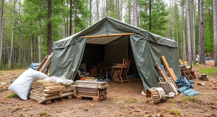 Survivalist Choosing Materials for Building an Emergency Shelter