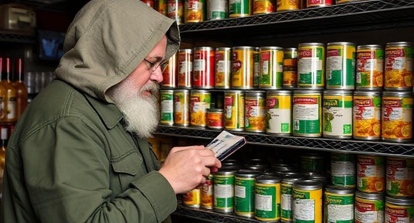 Survivalist Checking Expiration Dates of Stored Canned Goods