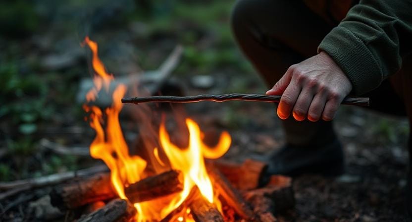 Survivalist Using a Ferrocerium Rod to Start a Fire