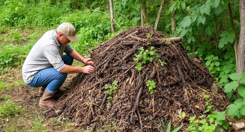 Survivalist Maintaining the Compost Pile