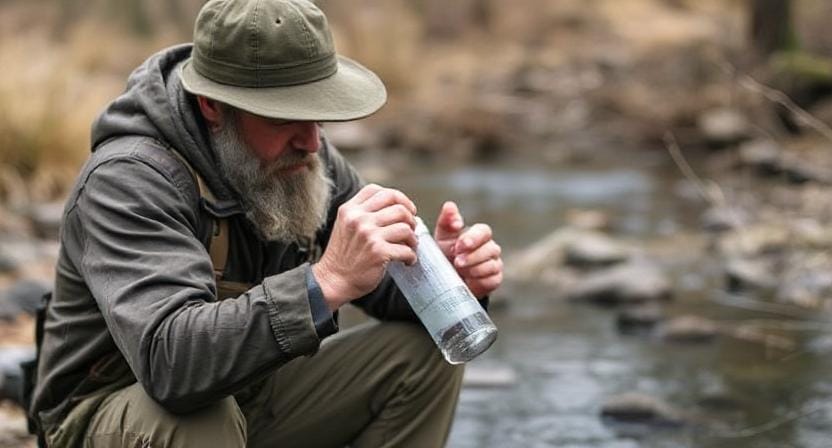 Survivalist Using Filtration to Purify Water