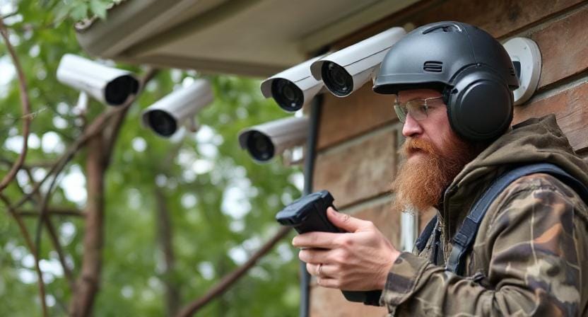 Survivalist Setting Up Surveillance Cameras