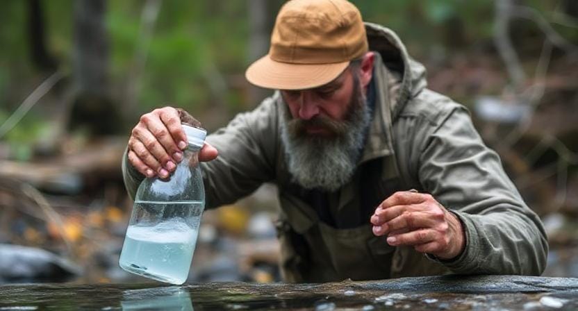 Survivalist Using Chemicals to Purify Water