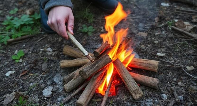 Survivalist Gethering Materials for Building a Survival Fire Using Primitive Tools
