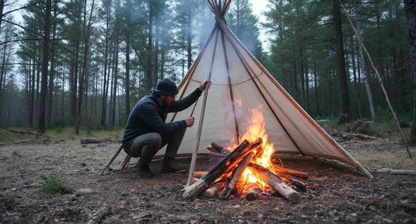 Survivalist Making a Teepee Structure for Building a Survival Fire