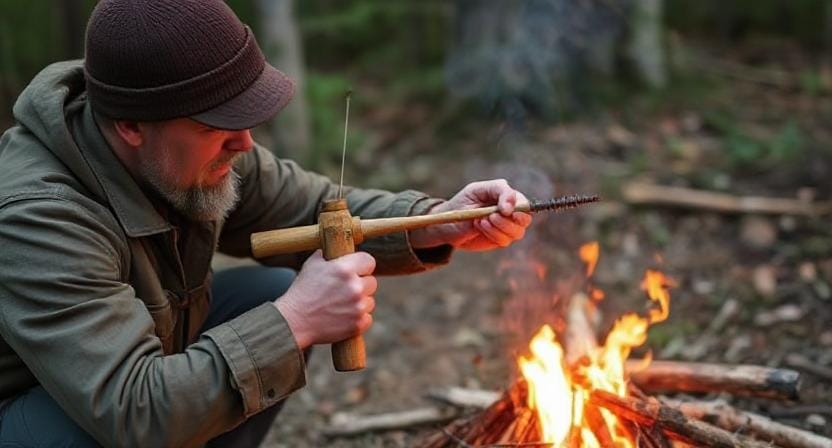 Survivalist Using a Bow Drill for Building a Survival Fire