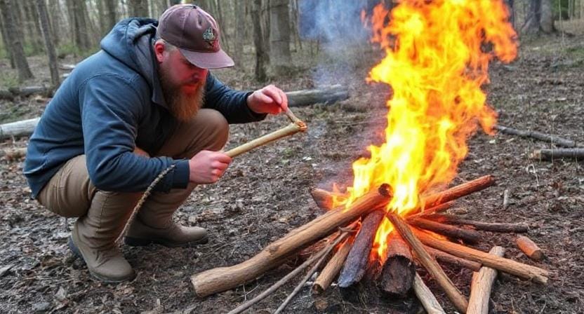 Survivalist Building a Survival Fire Using Primitive Tools