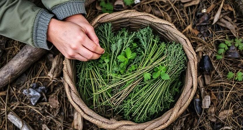 Survivalist Storing the Freshly Harvested Herbs