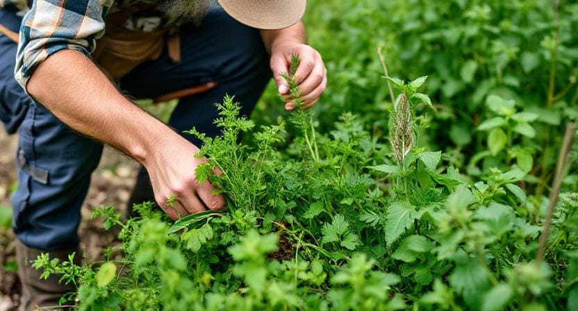 Survivalist Harvesting the Herbs from the Herb Garden