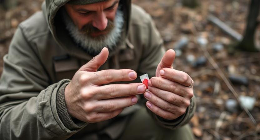 Survivalist Using Band-Aids