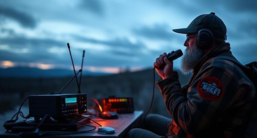 Survivalist Communicating on Ham Radio