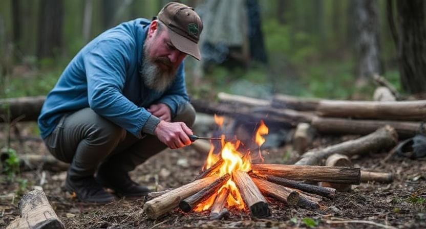 Survivalist Making a Survival Fire