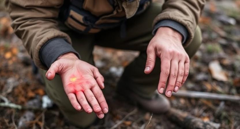Survivalist Treating Burns with First Aid