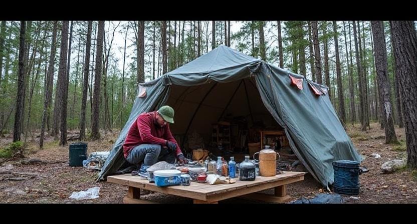 Survivalist Putting Everything Together for a DIY Emergency Shelter