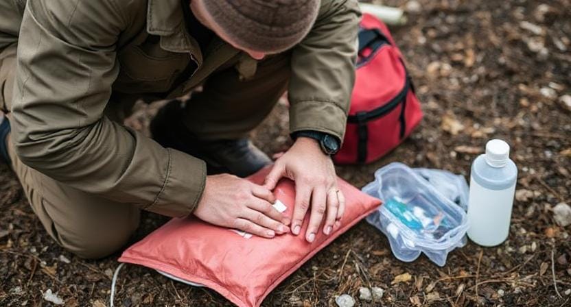 Survivalist Practicing Basic First Aid Skills