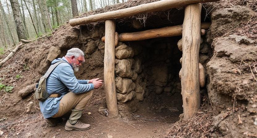 Survivalist Putting Up Walls And A Roof for a Root Cellar