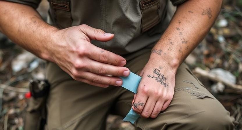 Survivalist Using Duct Tape as an Emergency Bandage