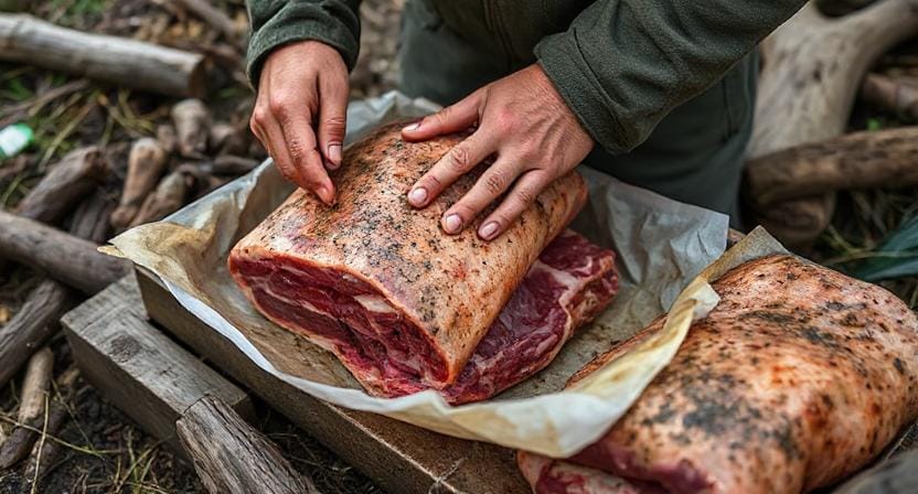 Survivalist Preparing Meat for Storage