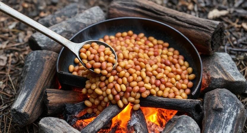 Survivalist Cooking Beans Over a Fire