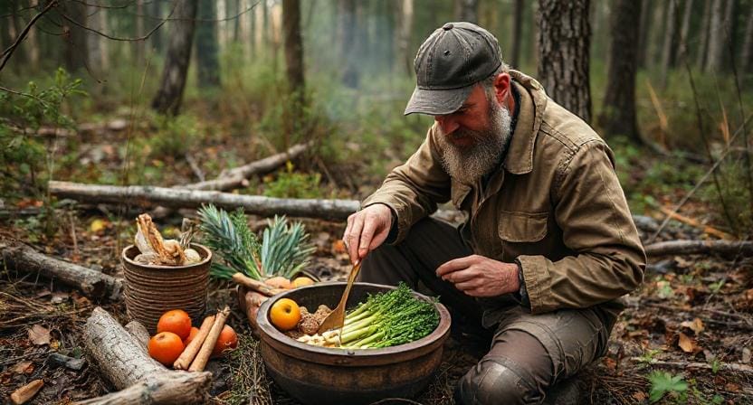 Survivalist Finding Ingredients for Cooking in the Wild