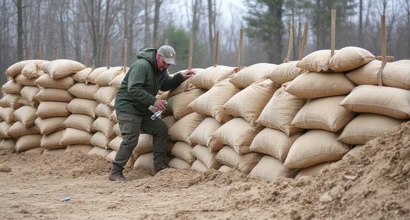 Survivalist Creating Barriers with Sandbags