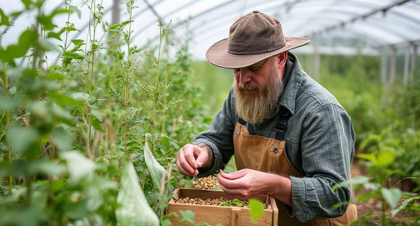 Survivalist Selecting Seeds for Growing Food
