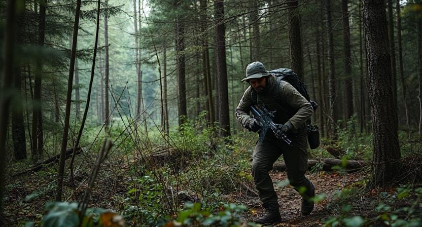 Survivalist Moving Stealthily Through the Woods