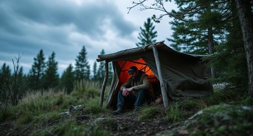 Survivalist Building Shelter While Signaling for Help