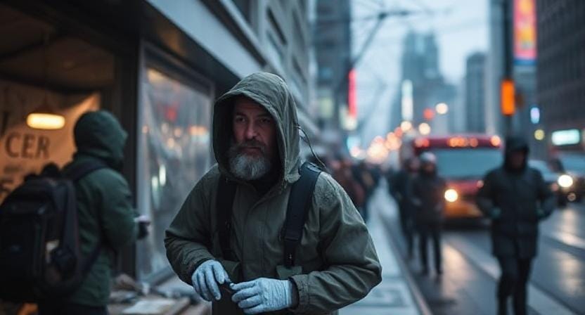 Survivalist Finding Shelter and Evacuate Safely in a City Emergency