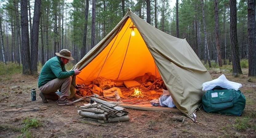 Survivalist Gathering Materials for a DIY Emergency Shelter